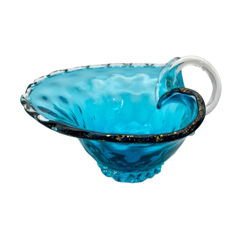 MURANO Vintage Quilted Turquoise Glass BOWL  w/Clear Edge/Handle 1950s